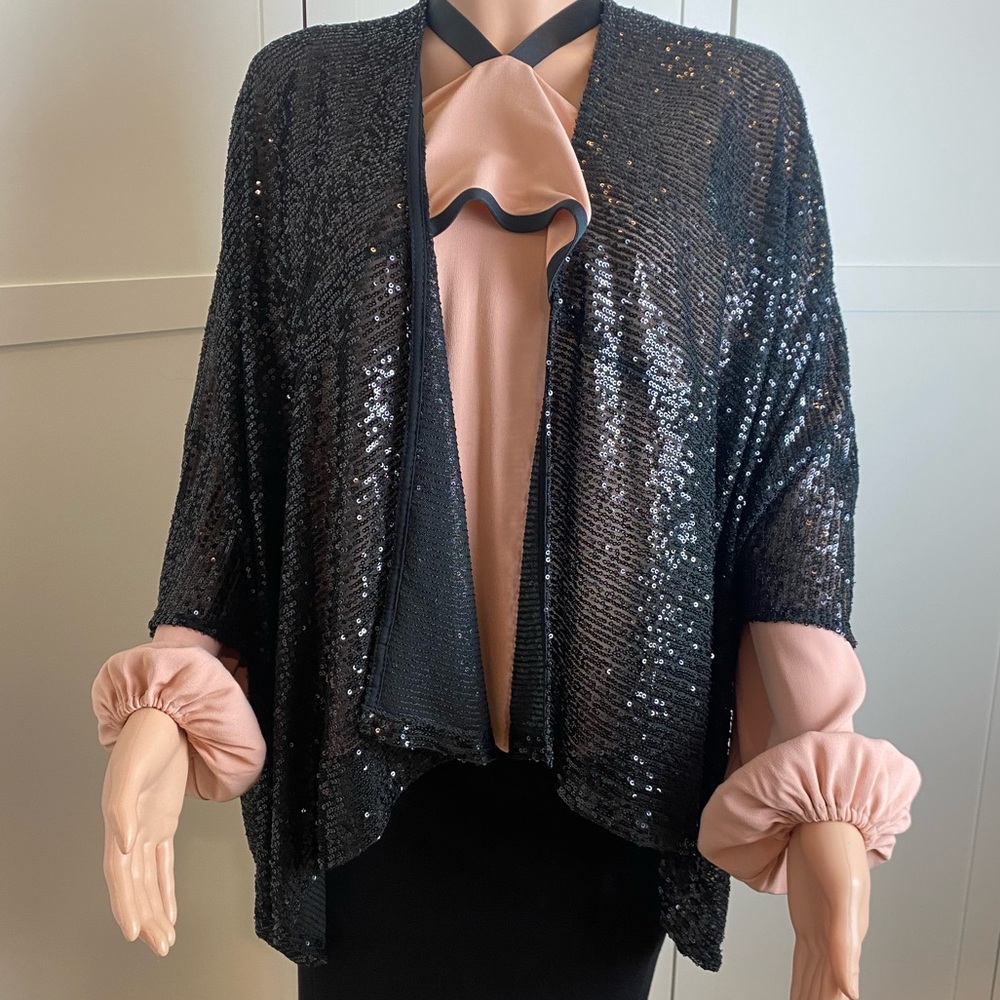 Sofia Rania Black Sequin Open Cardigan